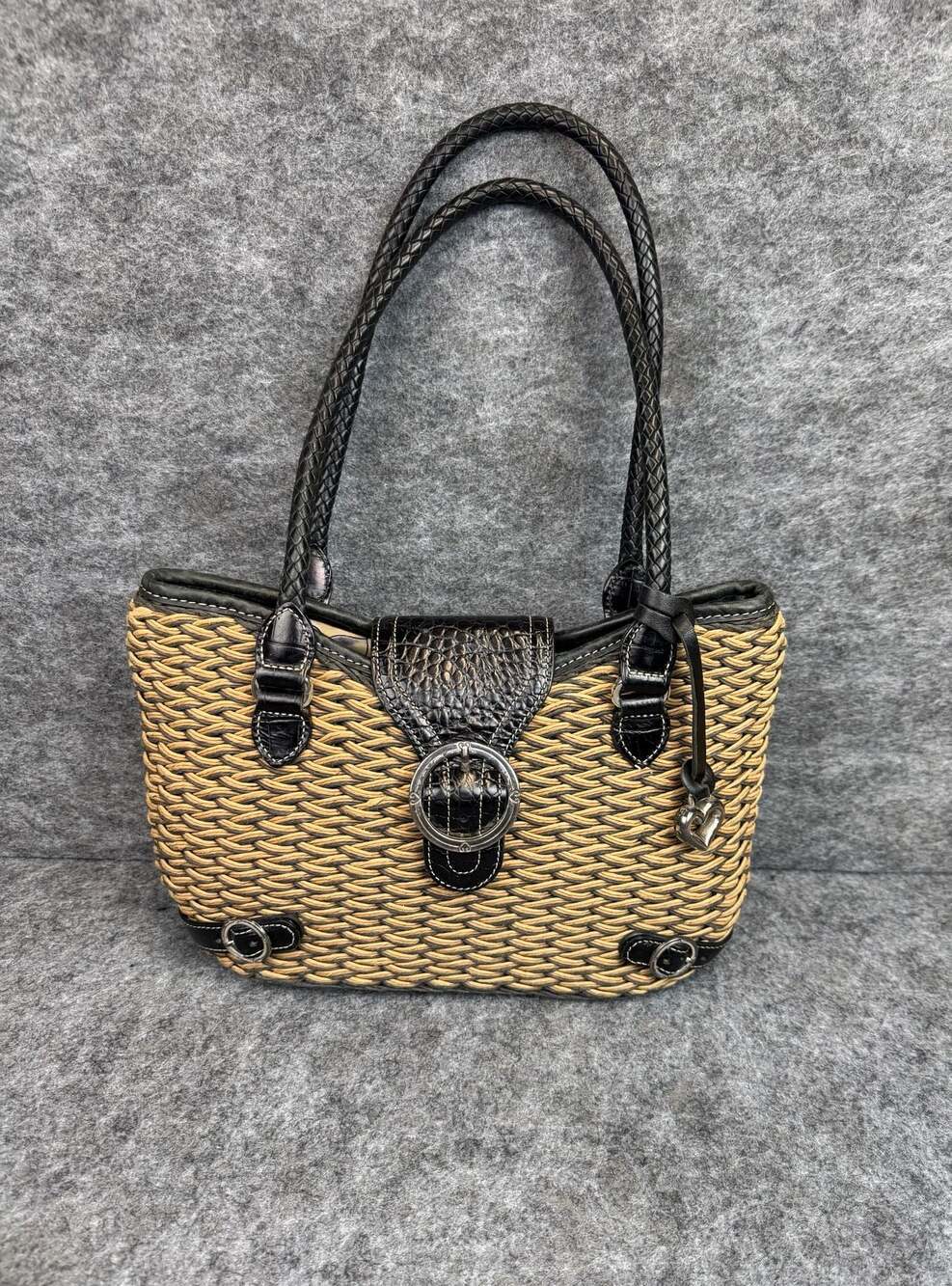 Brighton Woven Straw Shoulder Bag Black Croc-Embossed Leather Trim & Braided